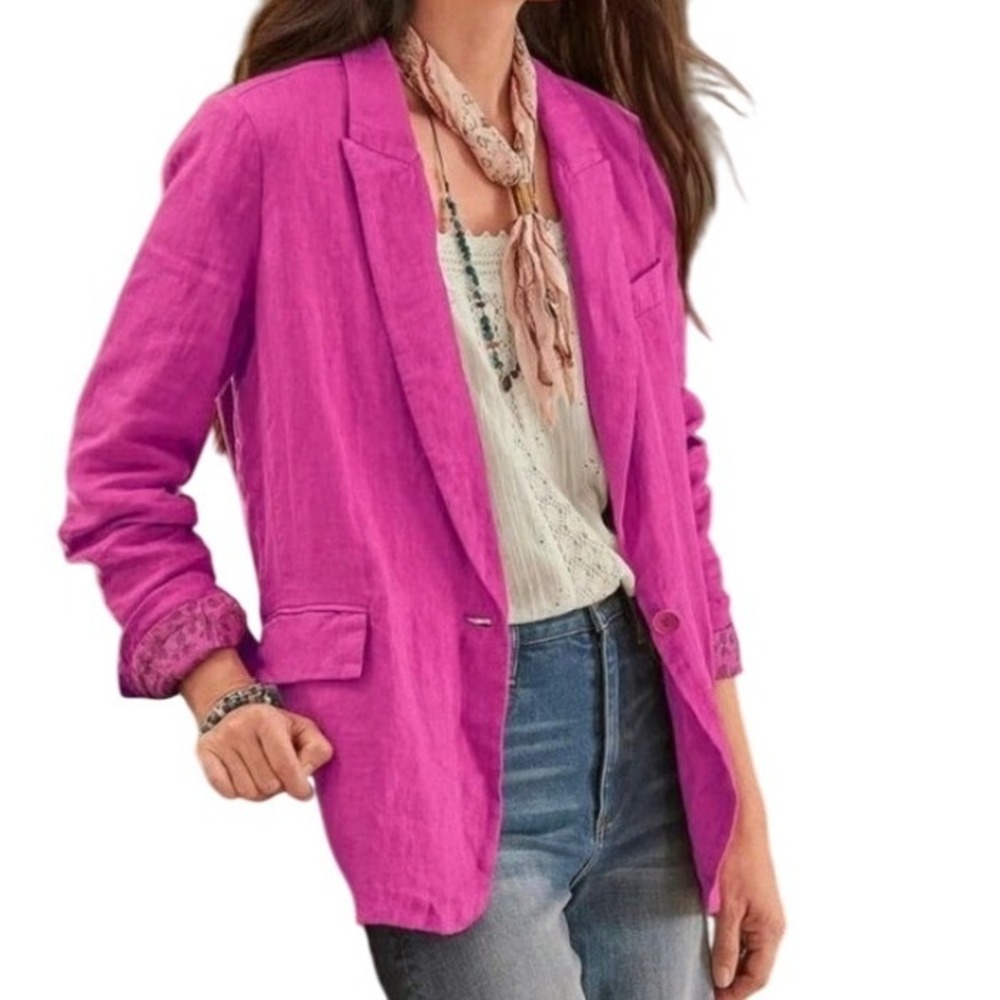 Sundance 100% Linen Iris Solid Blazer Pink Herringbone Jacket Relaxed Women Sz L